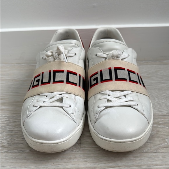 Gucci Cream and White Logo Strap Sneakers